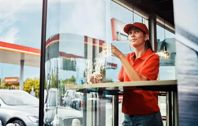 Woman enjoying snacks and coffee while looking out of a big window at a Circle K café